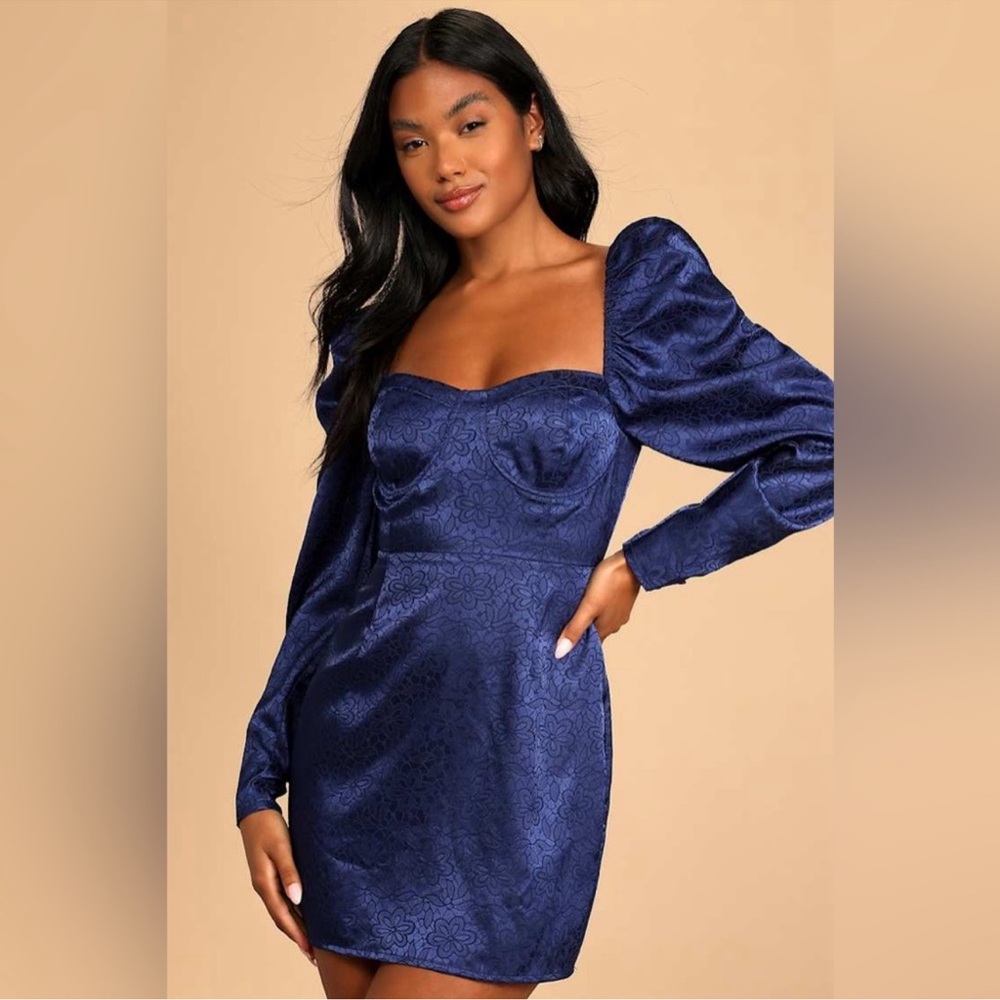 Lulus Burst Into Bloom Navy Blue Satin Floral Jacquard Mini Dress XL